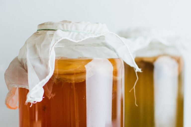 Un recpiente de kombucha con el SCOBY en su interior